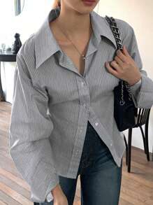 DAZY Damen gestreiftes Hemd mit Kragen und taillierter Passform, Business Lässig, Schwarz, Frühling/Sommer, Herbst Langarm-Oberteil - Schwarz - Übersicht 4