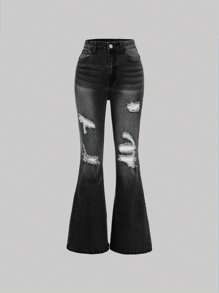 SHEIN Teens Girls' Front Button Pocket Ripped Casual Jeans, Minimalist - Black - View 1