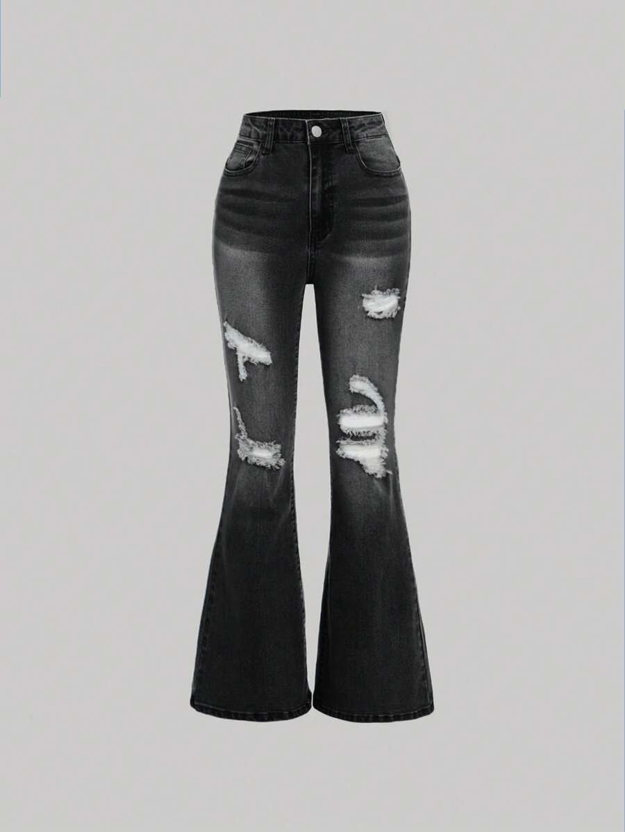 SHEIN Teens Girls' Front Button Pocket Ripped Casual Jeans, Minimalist - Black - View 1