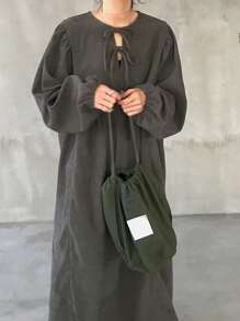 FRIFUL Women's Solid Color Front Tie Long Sleeve Simple Casual Long Dress