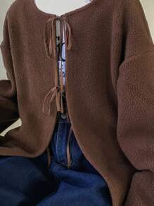 FRIFUL Women Plain Front Tie Long Sleeve Simple Jacket, Casual Daily Wear - Brown - View 6