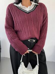 POPSWAY Plus Size Solid Color Patchwork V-Neck Long Sleeve Pullover Sweater , College Style Knit Pullover Fall Winter - Rust Brown - View 3