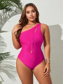 SHEIN Swim Curve 加大码连体纯色扭纹前镂空优雅休闲女式泳衣 - 玫紅色 - 查看 5