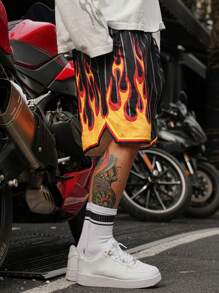 DAZY Men's Street Style Asymmetric Design Flame Pattern Shorts - Black - View 8