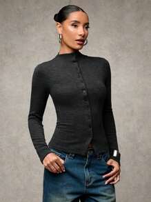 SHEIN BAE 女式纯色前扣长袖衬衫，休闲日常穿着