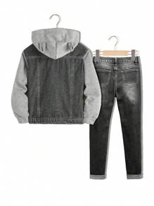 SHEIN Tween Boy 2pcs/Sets Fashion Casual Black Denim Patchwork Gray Knit Hooded Long-Sleeved Denim Jacket And Comfortable Stretch Skinny Kids Jeans For Dailywear And Fall/Winter Kids Summer Clothes - Black - View 2