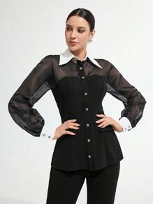 Modelyn 女士休闲简约时尚衬衫，日常穿着 - 黑與白 - 查看 1