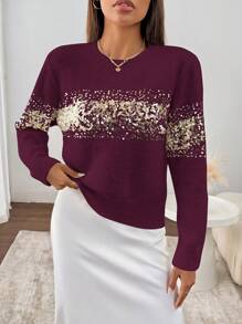 SHEIN Clasi 1 pieza Camisa de mujer de cuello redondo de manga larga con decoración de lentejuelas, diseño minimalista, casual para uso diario