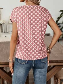 EMERY ROSE Geometric Abstract Green Pattern Women's Casual Short Sleeve Summer Top Blouse