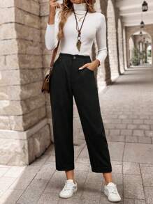 EMERY ROSE Women's Solid Color Front Button Pocket Simple Casual Long Pants - Black - View 3