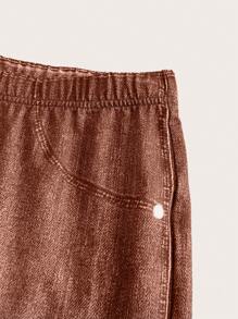 EMERY ROSE Denim Effect Printed Elastic Waist Button Detail Slit Hem Capri Leggings Summer - Redwood - View 8