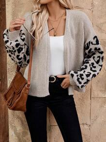 EMERY ROSE Women Leopard Print Patchwork Casual Cardigan Sweater - Multicolor - View 3