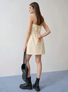 MOTF STUDIO VÁY MINI ỐNG THẮT LƯNG DA PU - Màu be - Xem 7