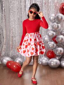 SHEIN Leap Crew Tween Girls' Heart Pattern Lantern Hem Long Sleeve Valentine's Day Dress - Red - View 5