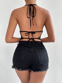 SHEIN Unity Top halter de cuello con fruncido de espalda abierta con cordón - Negro - Ver 2