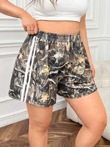 Muchica Plus Size Summer Maple Leaf Print Contrast Striped Shorts - Multicolor - View 4