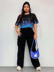 Coolane Plus Size Women Flame Print Round Neck Short Sleeve Cropped Casual T-Shirt For Summer - Blue - View 4