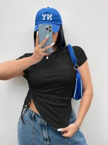 Coolane Plus Size Solid Color Asymmetrical Drawstring Short T-Shirt For Summer