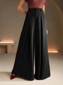 Anewsta Essential 女式纯色阔腿喇叭西装裤 - 黑色 - 查看 7