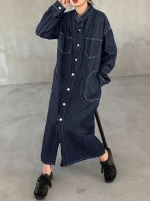 FRIFUL Women's Front Button Long Sleeve Pocket Simple Casual Jean Dress - Black - View 3