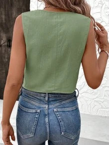 SHEIN LUNE 女士无袖纯色前排纽扣休闲上衣，日常穿着 - 綠色 - 查看 4