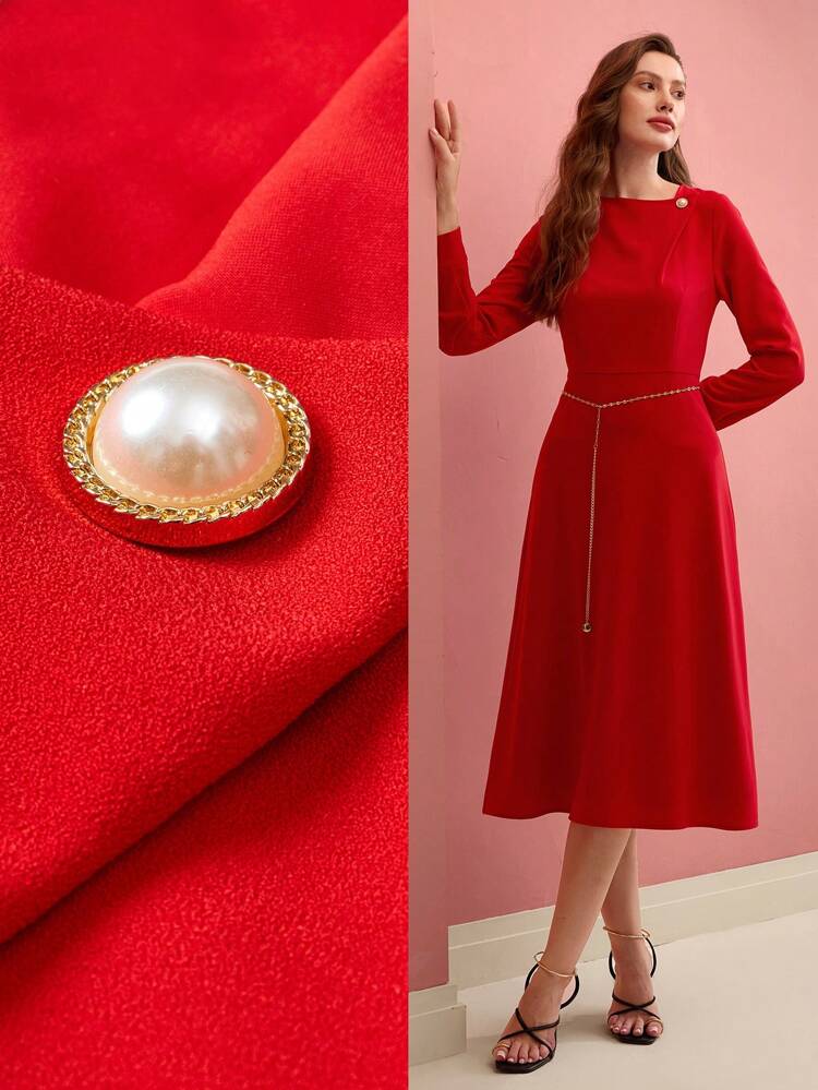 ASYMMETRICAL NECK BUTTON DECOR DRESS