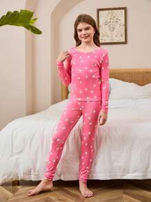 SHEIN 2pcs/Set Girls' Pink Simple Polka Dot Print Tight-Fitting Long Sleeve Top And Long Pants Homewear - Pink - View 3