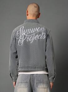 Sumwon Projects Script Logo Vintage Denim Jacket Streetwear Casual Workwear Trucker Style Button Front Outerwear - Light Wash - View 1