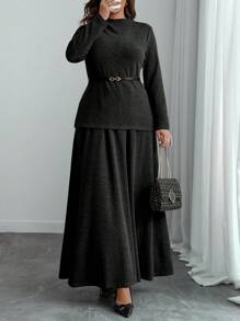 Flirla Plus Size Minimalist Commuter Solid Stand Collar Asymmetric Top And Voluminous Skirt 2 Pieces Set, Autumn/Winter - Black - View 1