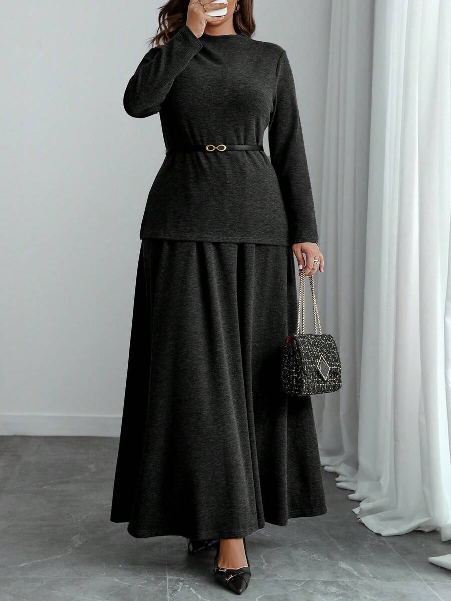 Flirla Plus Size Minimalist Commuter Solid Stand Collar Asymmetric Top And Voluminous Skirt 2 Pieces Set, Autumn/Winter - Black - View 1