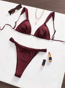 SHEIN ICON Women's Spring Summer Solid Color Burgundy Red Spaghetti Strap Swimwear Top, Vacation Beach - Burgundy - View 10
