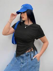 Coolane Plus Size Solid Color Asymmetrical Drawstring Short T-Shirt For Summer