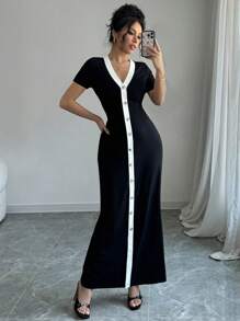 Selianne Váy ngắn tay hai tông màu cài nút phía trước dành cho nữ - Đen và trắng - Xem 3