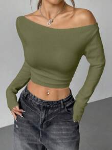 Flirla Pull court ajusté à col asymétrique, couleur unie, style minimaliste et polyvalent. Tricot pour l'automne et l'hiver - Vert - Voir 6