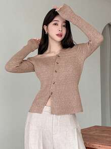 DAZY 女士秋季露肩纽扣前开襟休闲毛衣，秋季女装 - 卡其色 - 查看 3