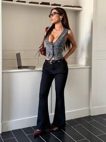 SHEIN EZwear Áo khoác mỏng không tay túi nút phía trước cho nữ - Đen và trắng - Xem 4
