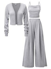 2pcs/Set Teen Girl Cropped Long Sleeve Cardigan, Ruffle Camisole And Wide Leg Pants - Grey - View 4