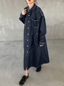 FRIFUL Women's Front Button Long Sleeve Pocket Simple Casual Jean Dress - Black - View 4