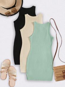 SHEIN LUNE 3pcs Women Solid Color Knit Sleeveless Bodycon Casual Dress Set - Green - View 2