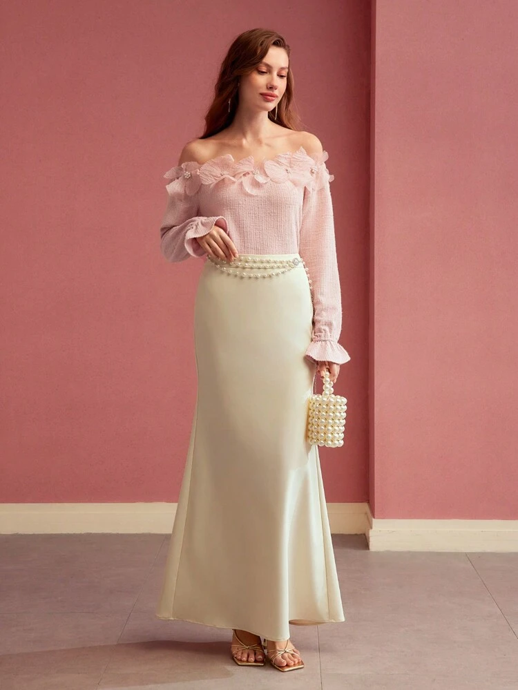 FLORAL APPLIQUED OFF SHOULDER TOP,VALENTINE'S DAY, LONG SLEEVES, KNITTING,SPRING/SUMMER