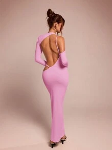 SHEIN BAE Women's Asymmetric Asymmetrical Neck Long Sleeve Hollow-Out Sexy Backless Dress, Suitable For Layering In Autumn/Winter, Cocktail Parties, Romantic Dates, Gatherings, Party, Wedding Bridesmaid, Night Out, Halloween, Christmas - Baby Pink - View 2