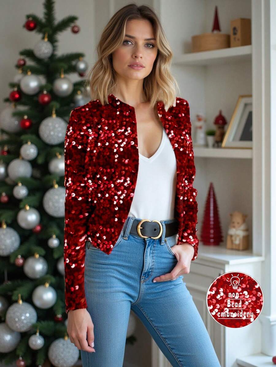 ORANGE STUDIO Áo khoác dự tiệc in sequin lấp lánh màu đỏ họa tiết kinh doanh tối giản của nghệ sĩ, áo đi chơi cho nữ, phù hợp cho mùa thu/đông, ngày lễ, đêm giao thừa, lễ hội - Đỏ - Xem 1