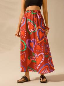 CAJUNI 女士彩色心形印花、波西米亚风印花长裙、假日休闲沙滩夏季黑色裙子 - 彩色 - 查看 3