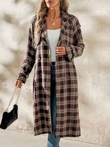 SHEIN Clasi Women's Fashion Plaid Raglan Sleeve Double Breasted Lace-Up Trench Coat For Women Winter Commuter And Outdoor Outerwear - Multicolor - View 2