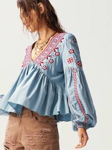 Bohemela Women's Solid Color Woven Embroidered V-Neck 3/4 Sleeve Fitted Blouse With Ruffle Hem