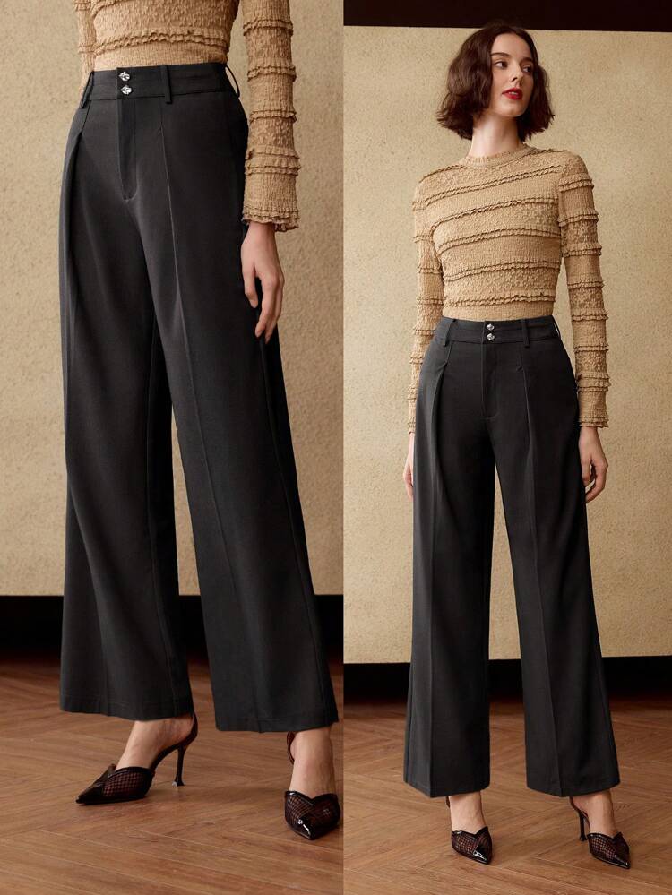 SOLID FOLD PLEATED WIDE LEG SUIT PANTS