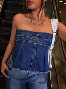 SHEIN ICON 镂空搭扣系带破洞牛仔布束腰胸衣 - 深色水洗藍 - 查看 1