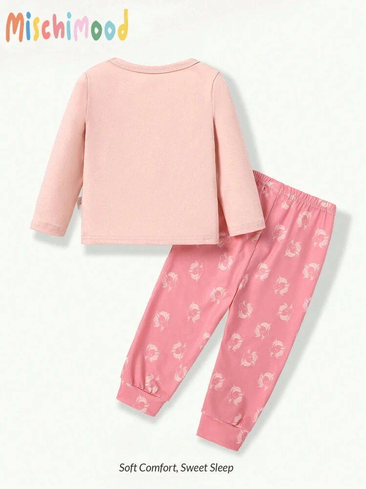 2pcs Baby/Baby Girl Adorable Unicorn Cartoon Pattern Pink Series Long Sleeve Top And Long Pants Casual Homewear Set - Pink - View 2