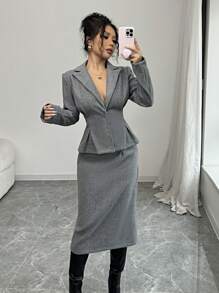 SHEIN PETITE Set de 2 piezas para mujer con diseño de pliegues y estampado de flores, top y falda de línea A, para otoño/invierno