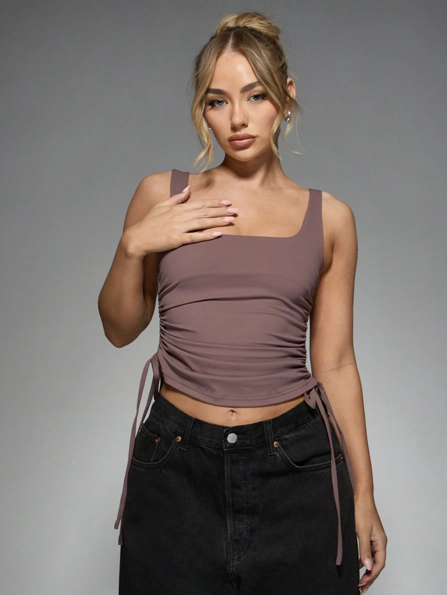 MISSGUIDED Baseball Ruched Side Active Top - Mauve Purple - View 1